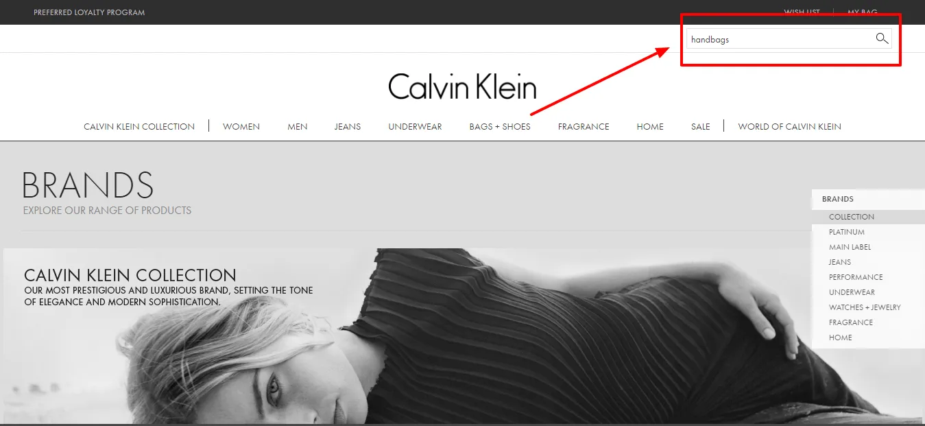 calvin klein site search abandonment screenshot